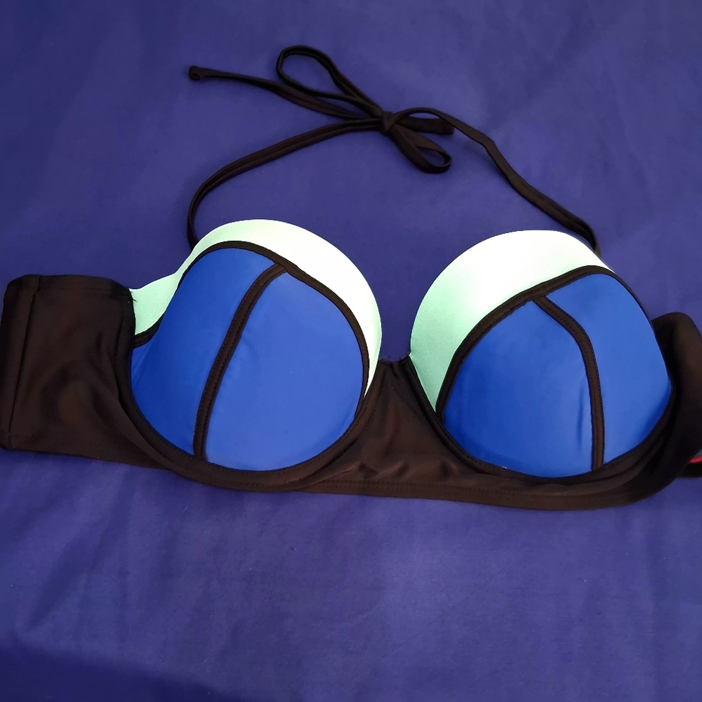 OP Blue and Black One Piece Bikini Top Underwire Bra Size XL